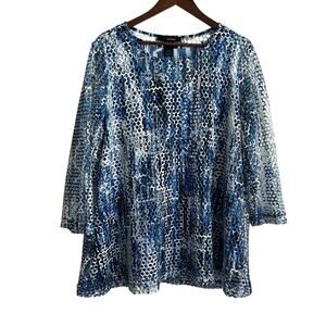 Ali Miles Womens 1X Blue Mesh Overlay Tunic Top‎ Abstract Print Stretchy Layered